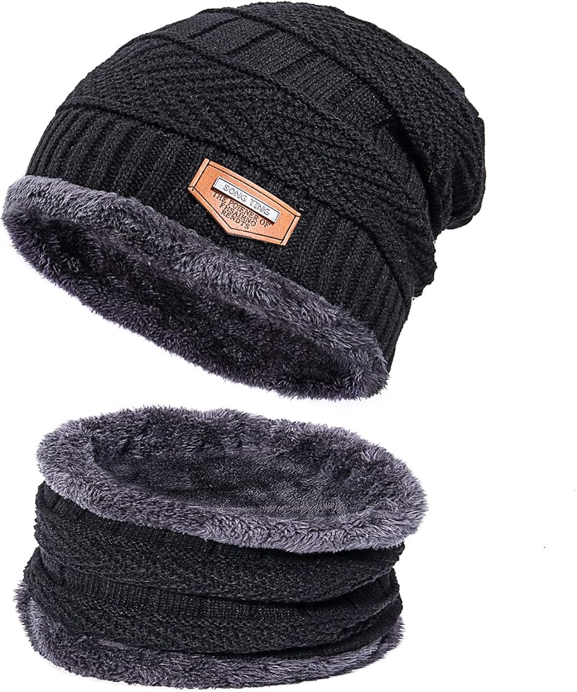 Winter Beanie Hat Scarf Set, Fleece Lined Warm Hat Neck Warmer, Thick Skull Cap Knit Beanie for Men Women