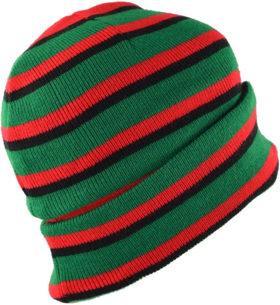 MM Men's Long Striped Beanie Knit Hat-black red green