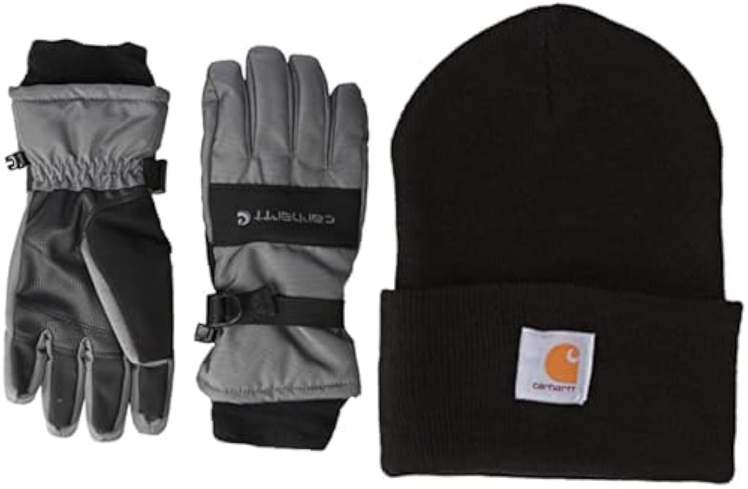 Carhartt Cuffed Beanie and Gloves bundle, Small (Pack of 1) Dark Grey/Black and Black Beanie