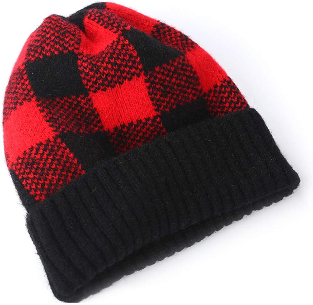 Unisex Buffalo Stretch Slouchy Plaid Beanie for Women/Men Winter Warm Soft Checkered Ski Hats Knitted Skull Caps