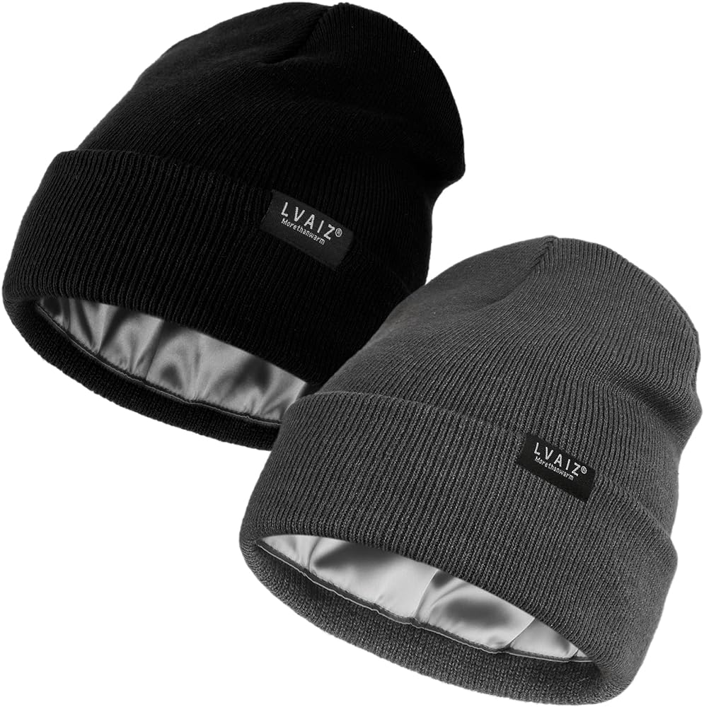 2 Pack Satin Lined Beanie Hats for Men Women Winter Warm Knitted Cuffed Silk Lined Slouchy Skull Cap