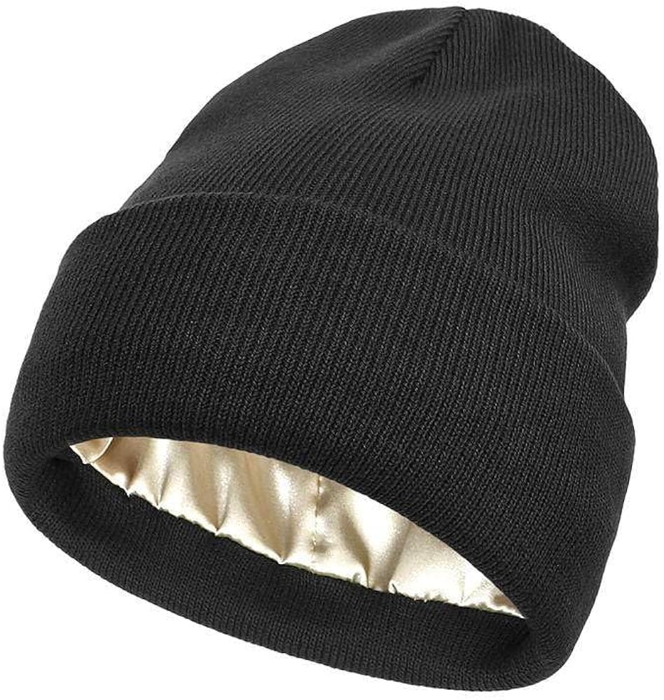 Unisex Satin Lined Plain Blank Long Knitted Cuff Beanie Cap