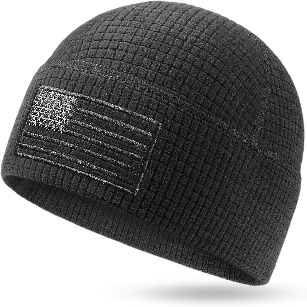 OUTDOOR SHAPING Grid Fleece Beanie with American Flag Embroidery Waffle Tactical Army Military Skull Cap