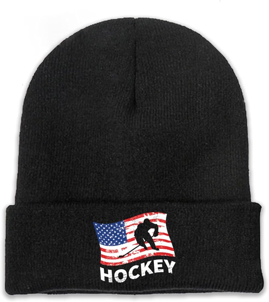 Hockey Sports USA Beanie Adults Unisex Men Womens Kids Cuffed Plain Skull Knit Hat Cap Black