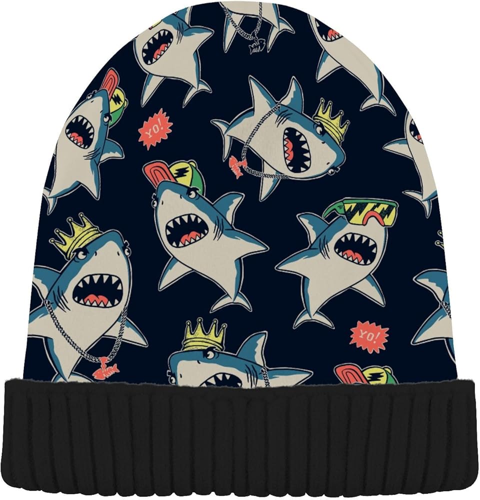 ALAZA Cute Cartoon Sharks Beanie for Women Men Winter Hat Reversible Skull Cuffed Knit Cap, Black Fluff