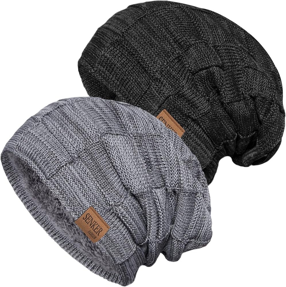 2 Pack Slouchy Beanie Winter Hats for Men and Women, Thick Warm Oversized Knit Cap, A-Black + Grey