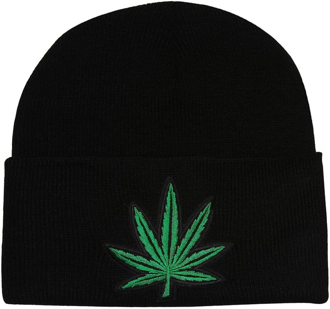 Black Cuff Marijuana Leaf Knitted Beanie