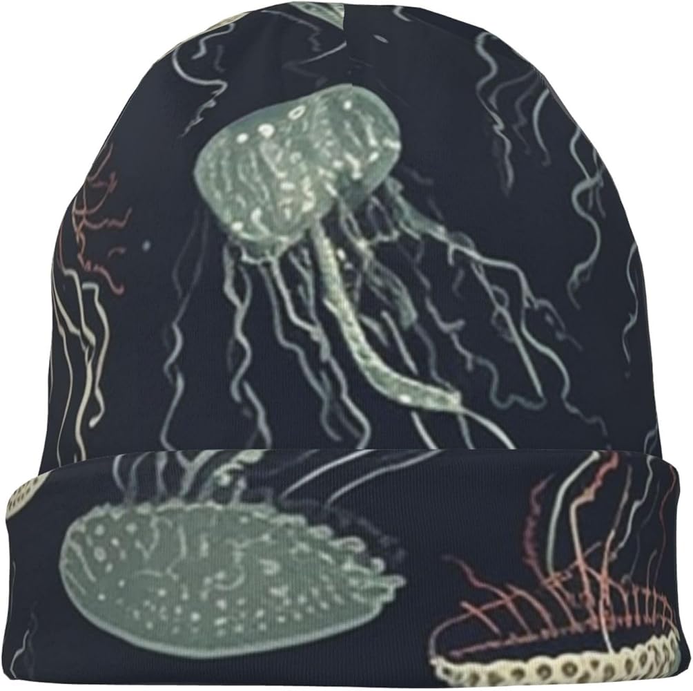 Jellyfish Pattern Print Beanie Hat Knitted Hat for Women Men Warm Casual Skull Cap for Gifts Adult Travel Black