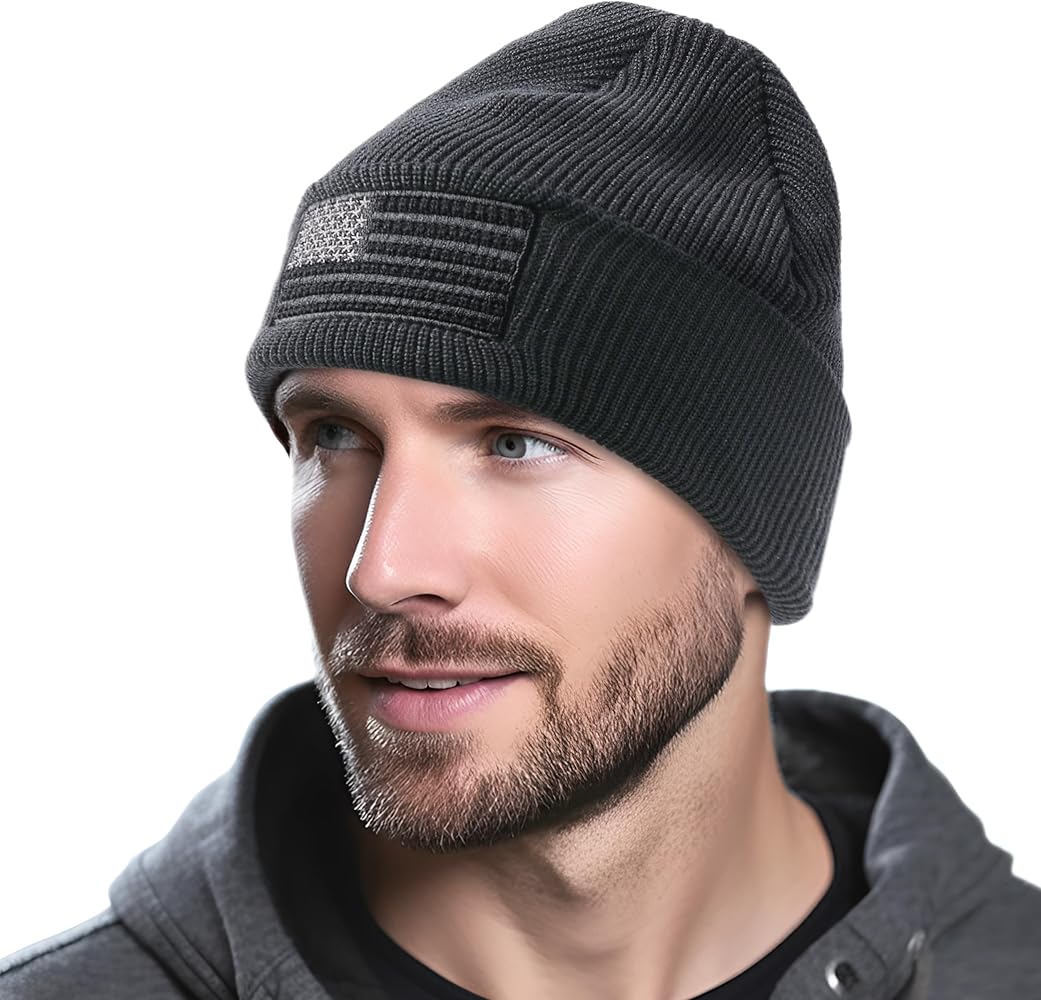 OUTDOOR SHAPING American Flag Embroidered Beanie for Men Women Knit Cuffed Winter Warm Skull Hat