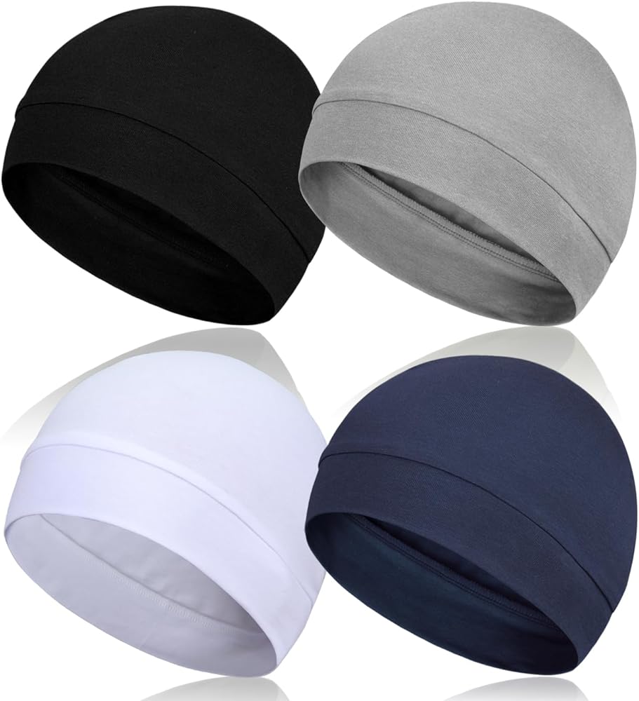 4 Pieces Cotton Skull Caps for Men, Lightweight Breathable Skull Beanie Sleep Cap Helmet Liner for Women