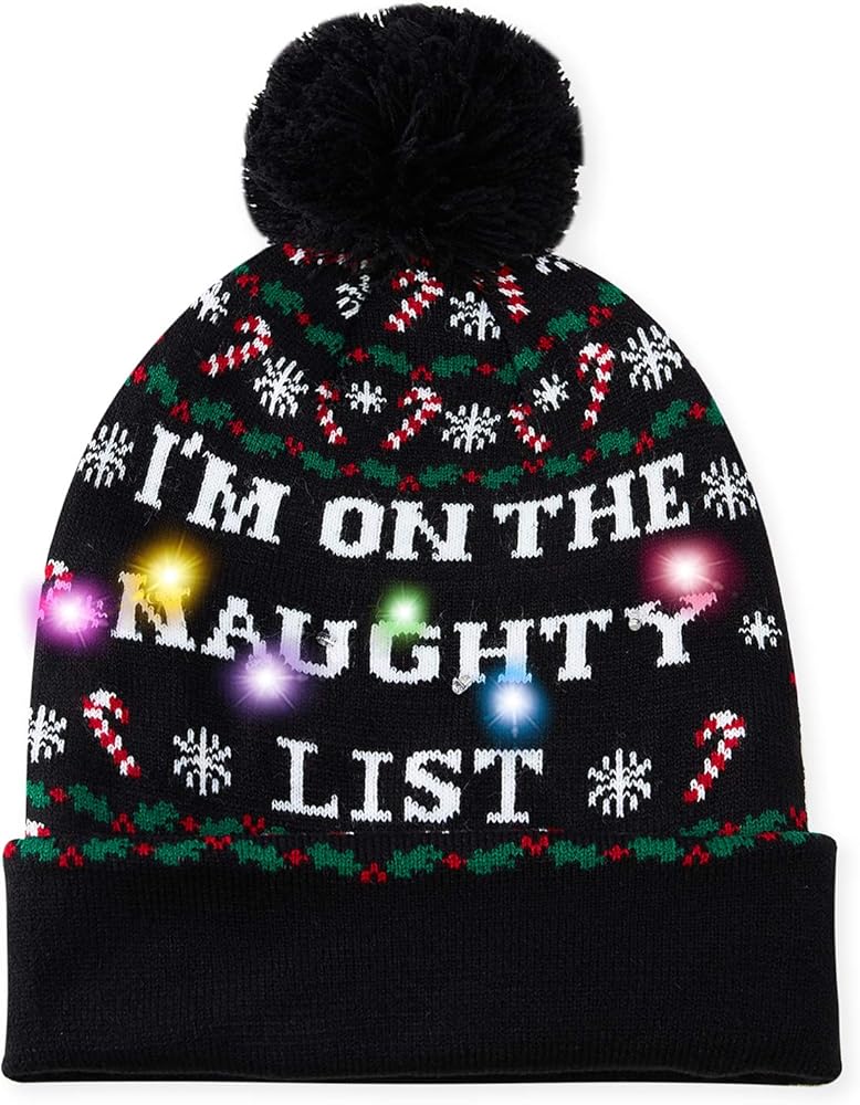 Idgreatim Unisex LED Light-up Ugly Christmas Sweater Hat Novelty Knitted Xmas Beanie Cap for Party(6 Light)