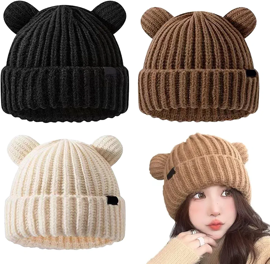 Knitted Hat 3Pcs Cute Bear Winter Hat Unisex Cuffed Soft Warm Hats with Bear Ears Skull Cap for Women ＆ Men Skiing, Cycling