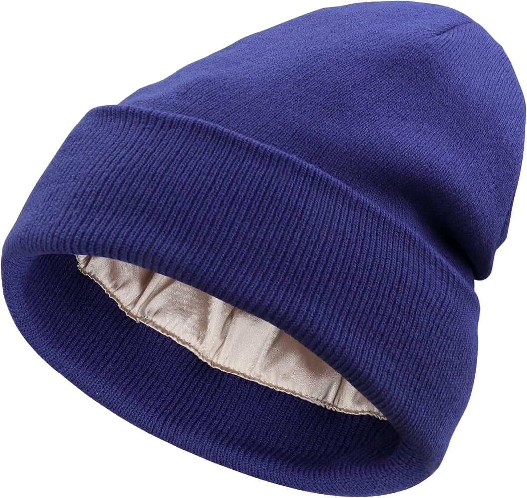 Naivlizer Slouchy Satin Lined Beanie for Men and Women Winter Beanie Cable Thick Chunky Cuff Beanie Hat