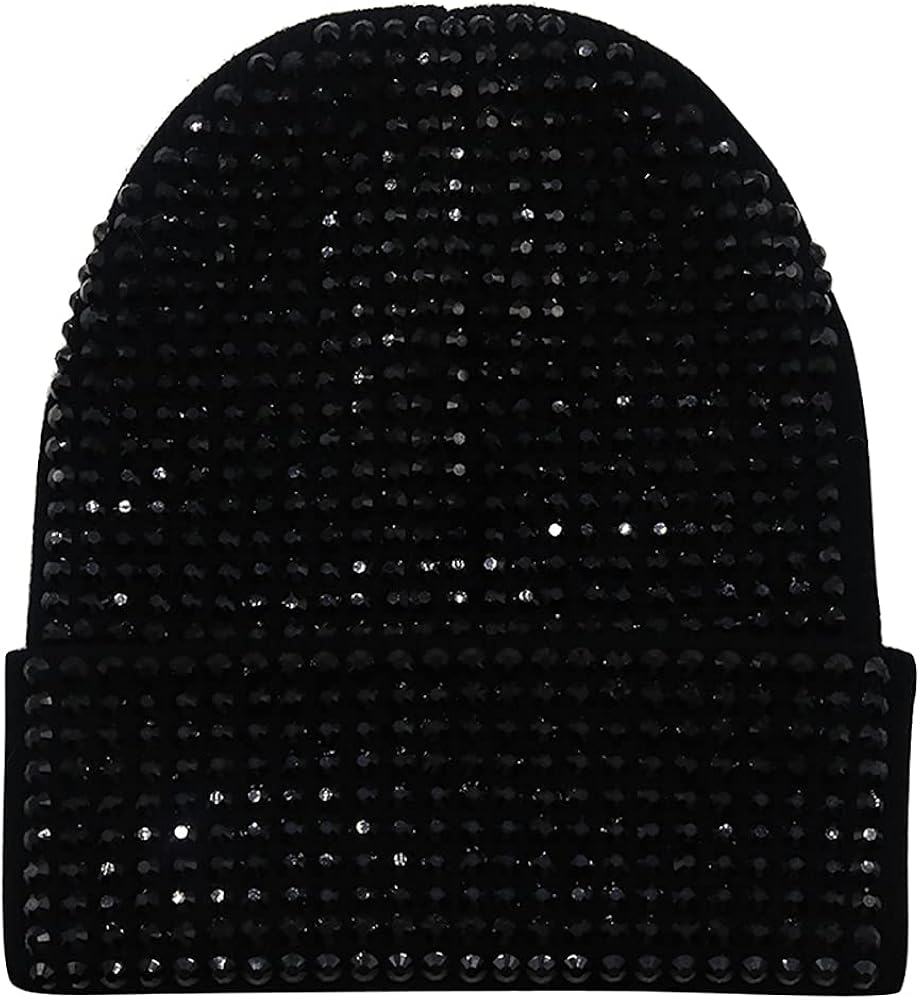 Unisex Shiny Bling Cuffed Beanie with Rhinestone for Men Women Winter Knit Soft Hat Stretchy Skull Cap Beige