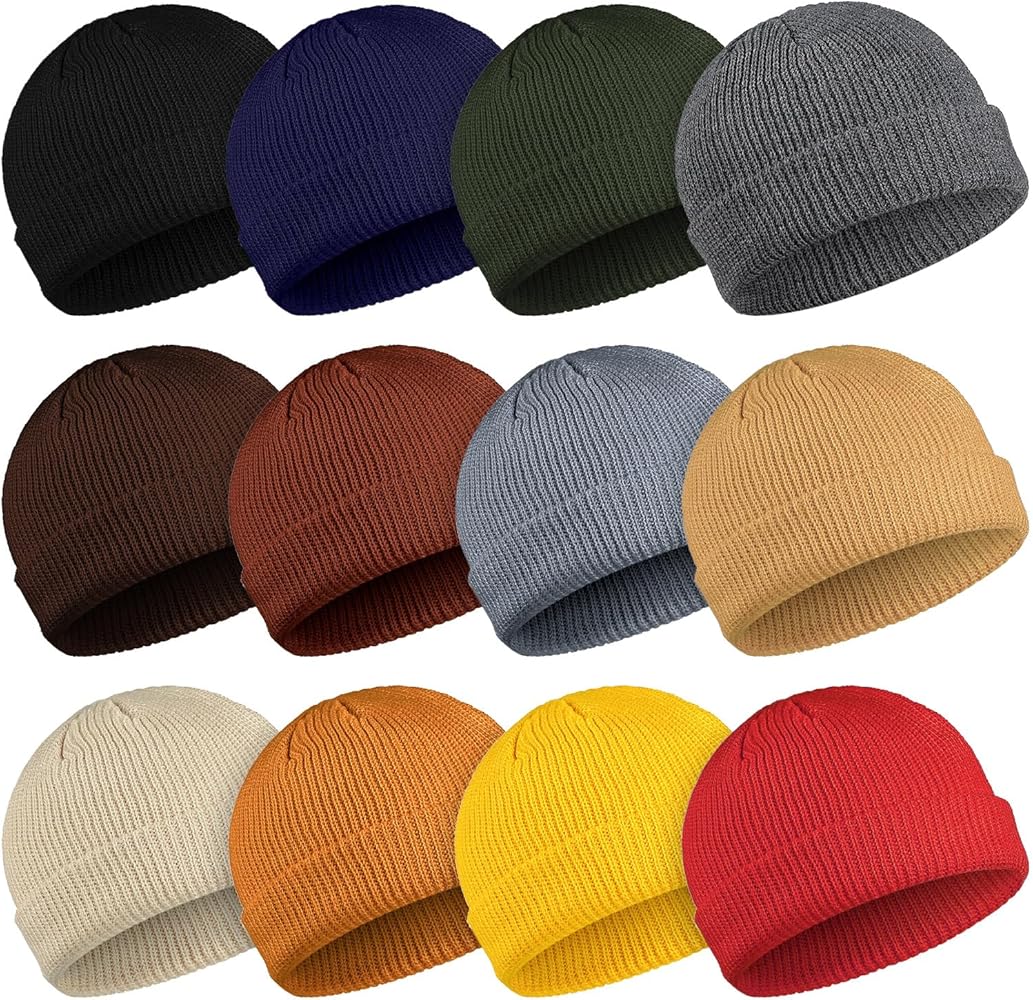 Geyoga 12 Pieces Trawler Beanie Hats Knit Cuff Beanie Roll-Up Edge Skull Cap Fisherman Beanie for Men Women