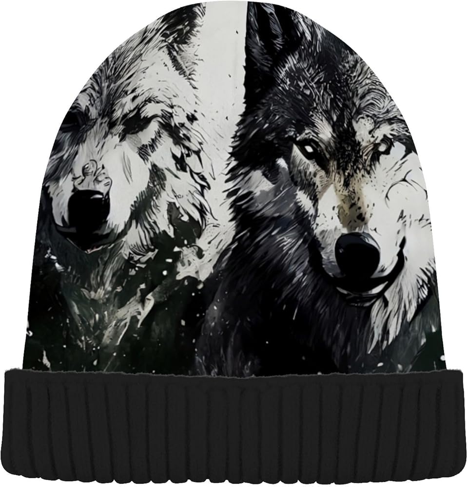 Beanie Hat for Women Men, Slouchy Skully Cap One Size Fits All Warm Soft for Cold Weather-Portrait of Wolf Black