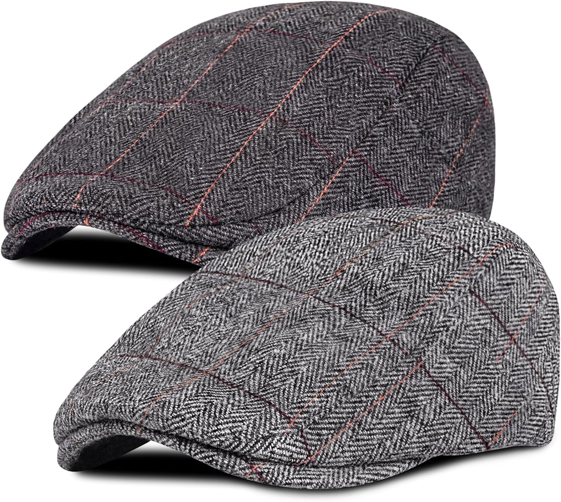 2 Pack Newsboy Hats for Men Classic Herringbone Tweed Wool Blend Flat Cap Ivy Cabbie Driving Hat