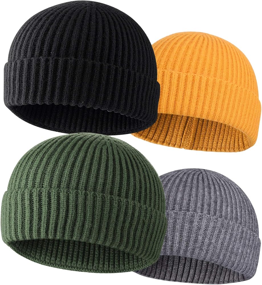 ROYBENS 4 Pack Wool Fisherman Beanies for Men, Knit Short Watch Cap Winter Warm Hats