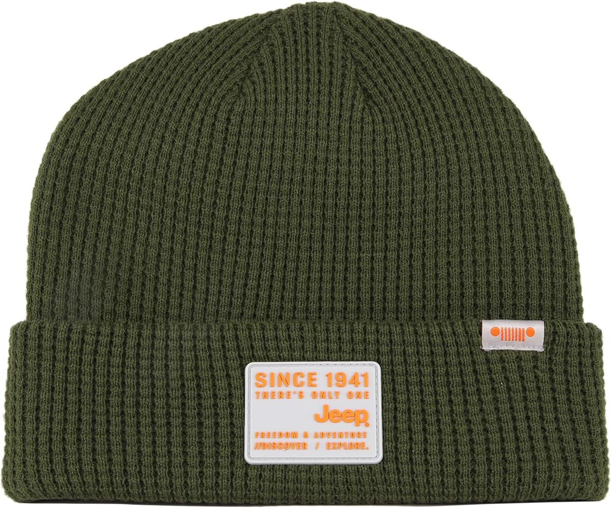 Jeep 1941 There's Only One Rubber Patch Logo Military Green Waffle Knit Beanie with Cuff Hat