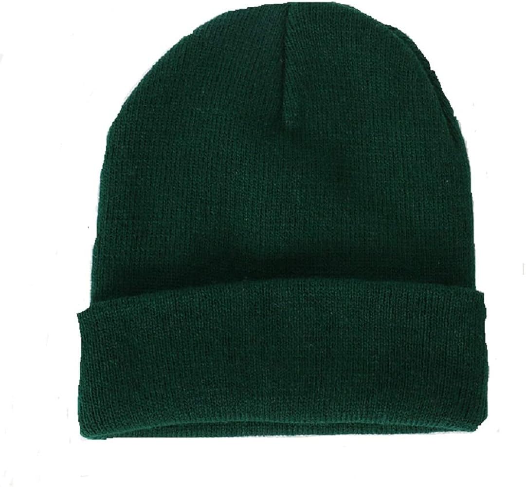 mens Cuff Warm Winter Knit Plain Skull Beanie Toboggan Cap, Dark Green, Medium