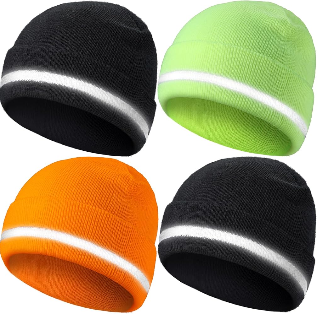 4 Pieces Reflective Hats for Men High Visibility Safety Knit Hats Unisex Winter Reflective Hat Cold Weather Running Winter Beanie Knitted Beanie with Reflective Stripe for Men Women Running