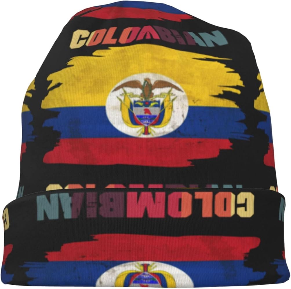 Retro Vintage Colombia Flag Colombian Beanie,Soft Warm Skull Cap Stretchy Knit Hat for Men and Women Black