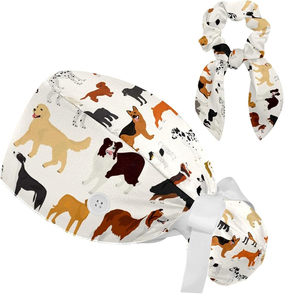 Colorful Animals Dog Working Cap with Button & Sweatband Adjustable Unisex Tie Back Hat Nurse Surgical Cap