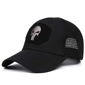 Breathable mesh baseball cap with an embroidered skull in the center