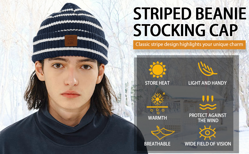 Beanie Men Slouchy Cuffed Knit Skull Cap Warm Stocking Hats Guys Women Striped Winter Beanie Hat