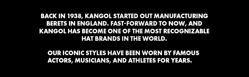 Kangol hat company history. Text reads: In 1938, Kangol started manufacturing berets in England.