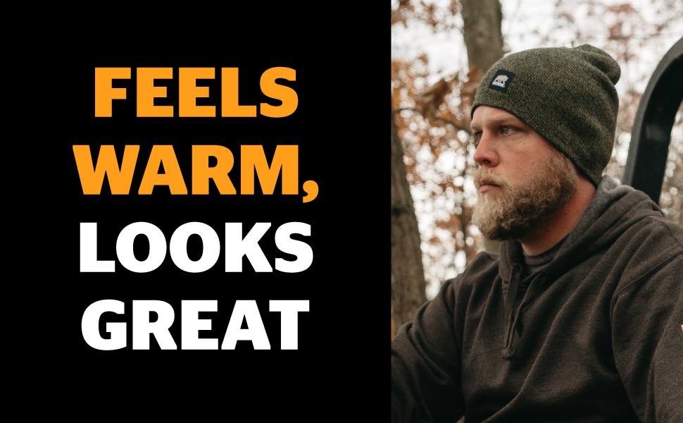 Text Reads Feels Warm, Looks Great next to an image of man wearing Berne beanie.