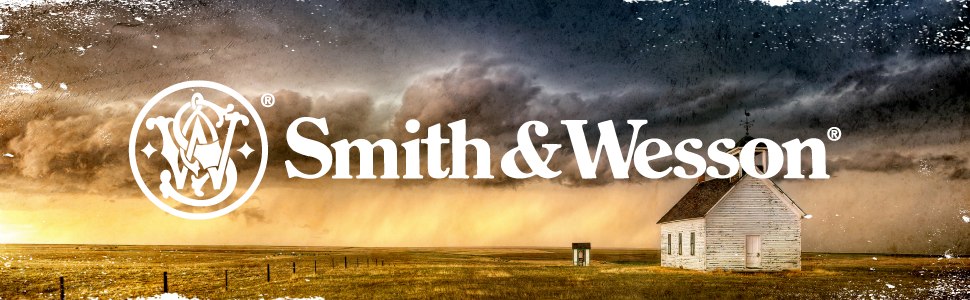 The Smith &amp; Wesson logo on a country landscape. Text reads: Smith &amp; Wesson.