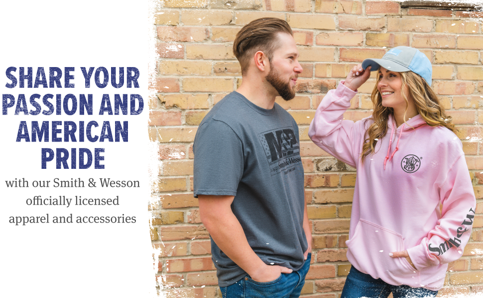 Two people wearing Smith & Wesson clothing. Text reads: Share your passion and American pride.