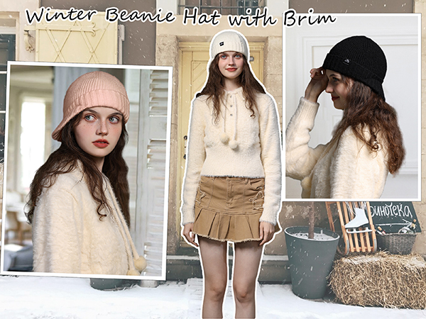 knit beanie winter hat with brim