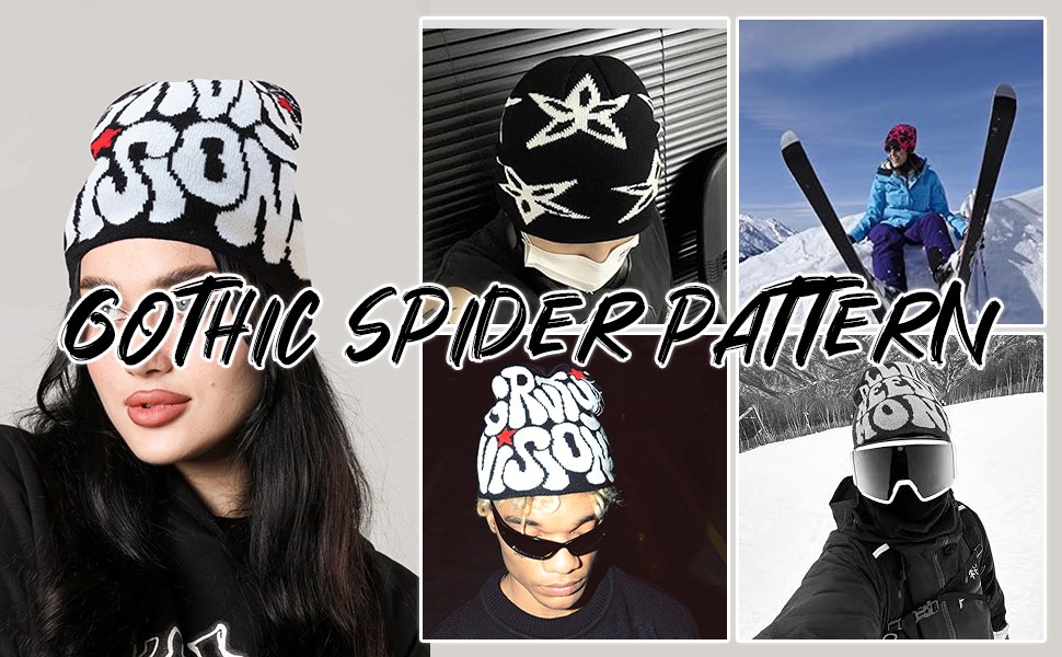 Y2K Beanies Spider Web Pattern Beanie Gothic Acrylic Knitted Hat Casual Streetwear Beanies for Men