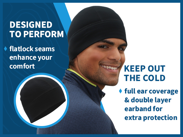 A black beanie with flatlock seams and a double layer ear band to keep you comfy and warm