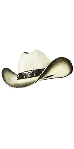 Fluffy Sense. Straw Cattleman Crease Western Cowboy Hat with Longhorn Leather Bands