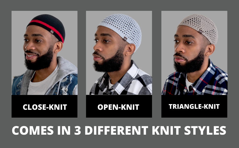 Comes in 3 different styles: close-knit, open-knit and triangle-knit kufi skull caps