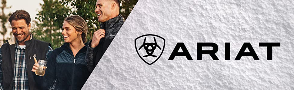 Ariat Logo over men and women wearing Ariat clothing