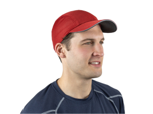 A man wears TrailHeads mesh Race Day Cap in red. 