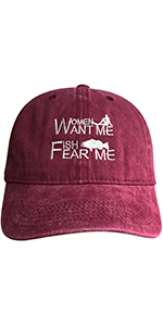 Women Want Me Fish Fear Me Hat for Men Women Washed Wine Red