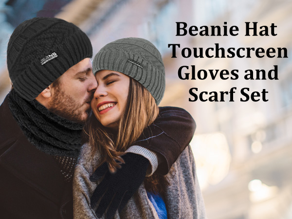 Winter Beanie Hats, Scarf and Touch Screen Gloves Set