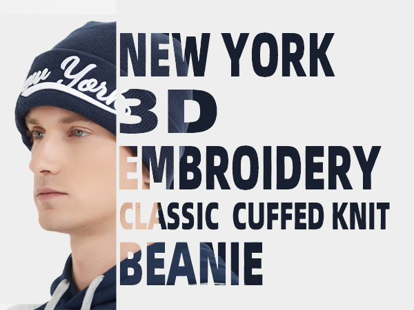 new york 3d embroidery classic cuffed knit beanie