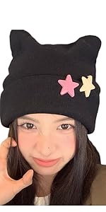 Cute Crochet Hats for Women with Stars Cat Beanie Vintage Beanies