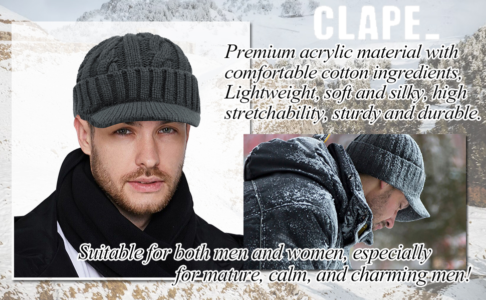 Men''s Winter Beanie Hat Warm Double Knit Cuff Beanie Cap Newsboy Cap with Brim for Outdoor Sport 