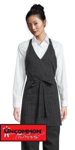 v neck apron waitress black tie elegant event attire pin stripe pinstripe scoot neck vneck apron