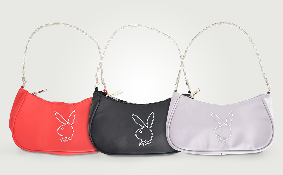 Playboy Shoulder Bag, Women''s Purse Handbag with Rhinestone Carry Strap and Bunny Logo, Black