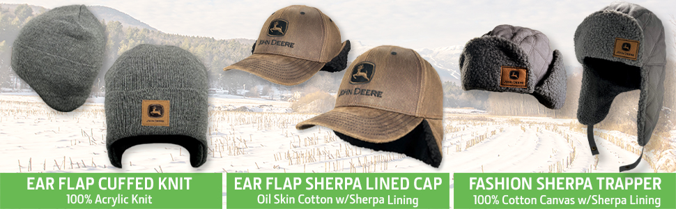 John Deere Trapper, Ear Flap, Cuffed Beanie, Sherpa hat, oilskin