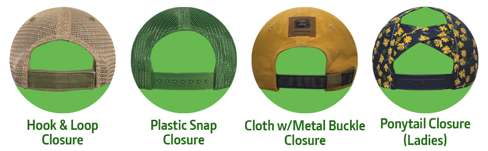 Closure Types, Hook &amp; Loop, Plastic Snapback, Metal Buckle, Ponytail Closure