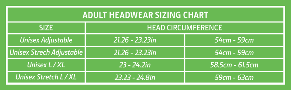 Headwear Size Chart, Unisex Adjustable 54cm - 59cm, Unisex L/XL 58.5cm - 63cm